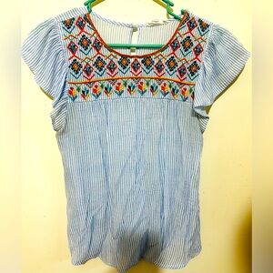 Blu Pepper boutique blouse, size medium, blue white stripe,floral embroidery